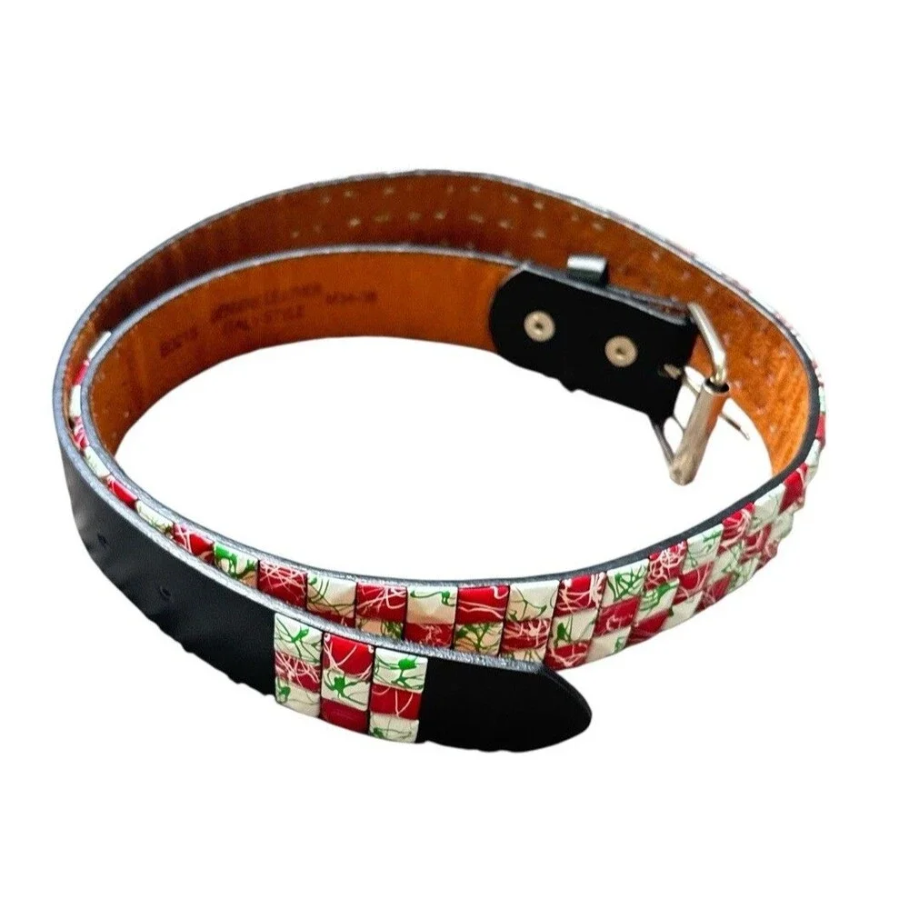 Belt Black Genuine Leather Italy White Red‎ Green Splatter Studded Size M 34-38